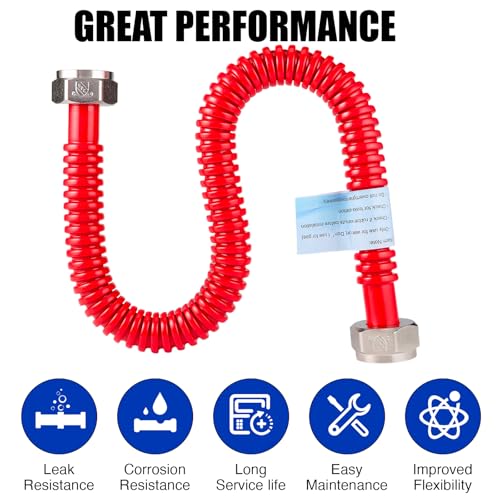 Upgrade 2 Pack Hot & Cold Water Heater Hose 3/4" FIP x 24" Length, Flexible Stainless Steel Corrugated Water Line Connector with Red & Blue Rubber Coated - size: red+blue 3/4"Fx3/4"F, 24"L(0.7"ID)