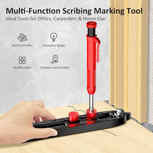ARTYMASTER Multi-Function Scribing Tool, DIY Woodworking Scriber Line Maker, Portable Aluminum Alloy Woodworking Compass Scriber Tool, Inch Circle Marking Gauge,Deep Hole Carpenter Pencils 6 Refills.