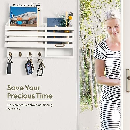 FifthQuarter Mail Holder Wall Mount with 2 Mail Slot and 4 Sturdy Hooks - color: C-White