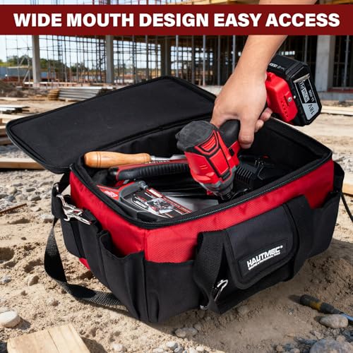 HAUTMEC 16-Inch Tool Bag, Heavy-Duty 1680D Tool Box with Padded Shoulder Strap, Double zipper, Trolley Sleeve, Wide Mouth Tool Case with Removable Divider for Quick Action - HT0401