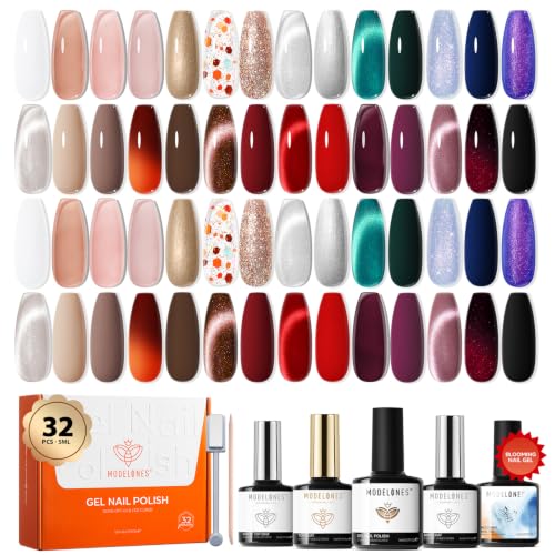 modelones Cat Eye Gel Nail Polish Kit Jelly 32PCS 28Colors Glitter - color: A0-Blooming Winter