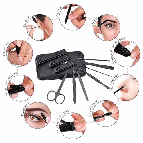 Glamne Manicure Set Nail Clippers Kit Professional Stainless Steel Nail Care Tools with Leather Travel Case 10 in 1 Black - color: Red