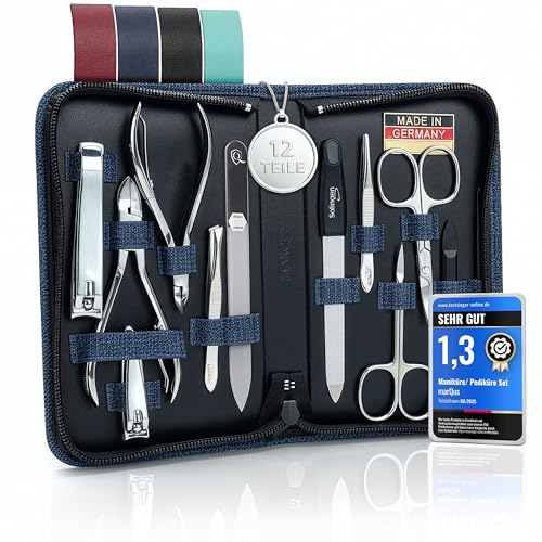 Manicure Set Women and Men – 12-Piece Professional Grooming Kit with Premium Tools, Artificial Leather Case, and exclusive Glass Nail File for Hand & Foot Care, German Quality - color: Denim