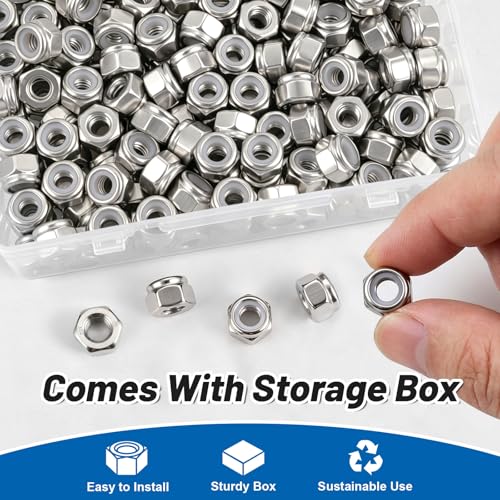 180 Pcs 1/4" Lock nut, 304 Stainless Steel Hex Nylon Insert Locknuts, 1/4-20 Inch Lock Nuts Coarse Thread SS Self-Locking Hardware Assortment Kit, SAE Locknut Set for Industrial & DIY Fastening - size: SS 1/4"-20 180PCS Nut