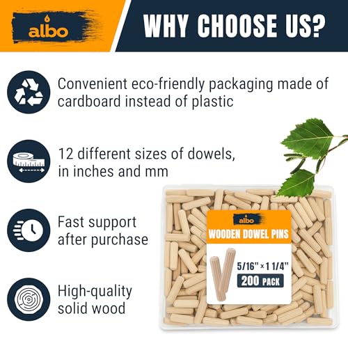 ALBO Wooden Dowel Pins 5/16 x 1 1/4 inch Fluted Wood Dowels Rods 200 Pack Hardwood Crafts Dowel Pegs - size: 5/16" x 1 1/4"- 200Pcs