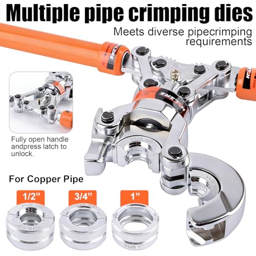 HZLZRZ Copper Pipe Crimping Tool Kit, 3 Die Set for 1/2" 3/4" 1" Pipes, Pro Press Style Crimper with Pipe Cutter, Handheld Pipe Crimper Tool for Plumbing (MCT-1632)