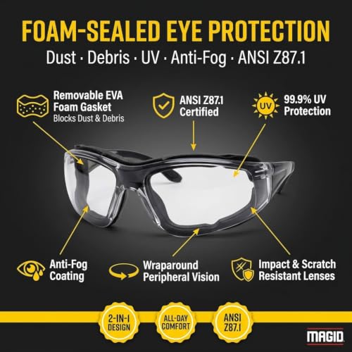 MAGID Gemstone Onyx Foam Lined Safety Glasses, ANSI Z87.1, Removable Foam Seal Blocks Dust & Debris, Anti-Fog UV Protection, Wraparound Gray Lens, Black Frame, 1 Pair, Y84 - color: Gray Lens, size: 1 Pair