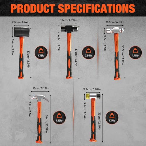 Saker 5-Piece Hammer Set,3lb Sledge Hammer,16oz Rubber Mallet, 16oz Ball Peen Hammer & Claw Hammer, 7oz Cross Peen Hammer for Home Repair & DIY Projects - size: 5 Piece