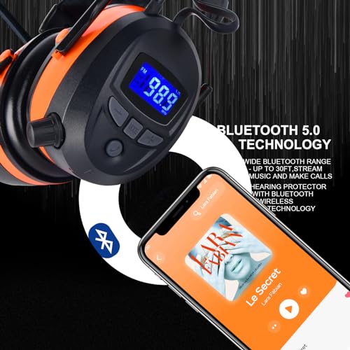 Safety Earmuffs with Bluetooth FM Radio for Mowing, NRR 29dB Industrial Ear Hearing Protection Ear Muffs, Noise Cancelling Wireless Headphone -Upgraded LCD Display, Rechargeable BL-5B Battery - color: Orange Antennas