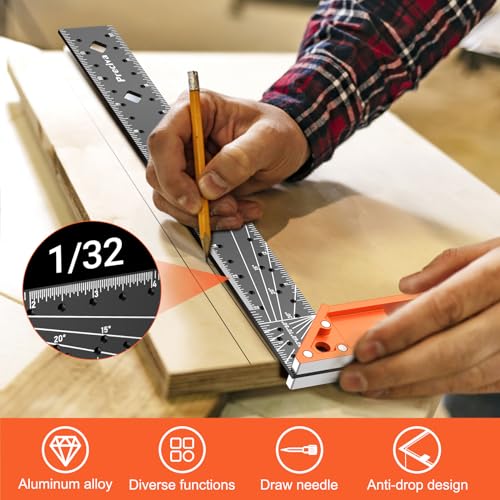 12” Woodworking Square Ruler - Preciva Right Angle Ruler Carpenter Square Layout Tool, Features Stainless Steel Blade, Retractable Ledge, 1/16” and 1/32” Notch Spacing and Multi-Angle Scribe Mark - style: 12 IN