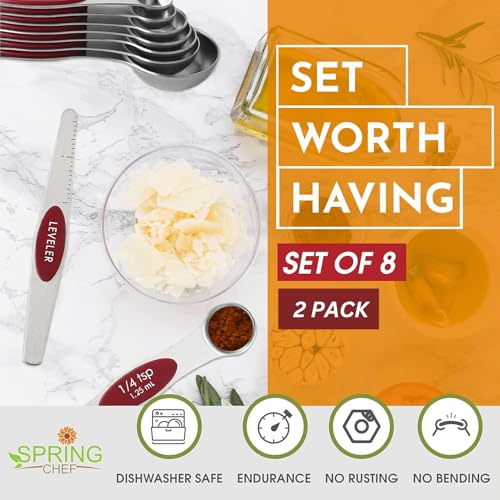 Spring Chef Stainless Steel 8 Magnetic Measuring Spoons Set, 2 Pack, Red - color: Red, size: 2-Pack