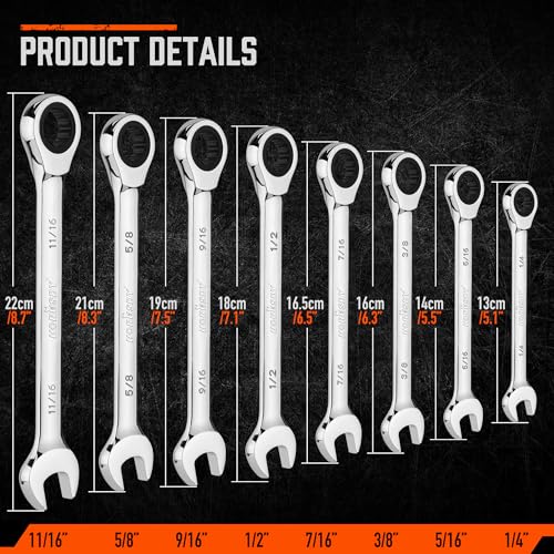 HORUSDY Combination Ratchet Wrenches Set with SAE | 8 Pieces Wrench Set with Wrench Organizer | 72-Tooth | 5° Swing Arc | 1/4" - 11/16" | Chrome Vanadium Steel - style: 8-Piece