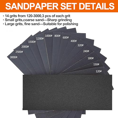 Wet & Dry Sandpaper Set, 42 Sheets of 120 to 3000 grit Sand Paper | Comes with Sanding Block Sander,for Wood Furniture Finishing Metal Automotive Sanding Polishing - style: sandpaper-42 pcs