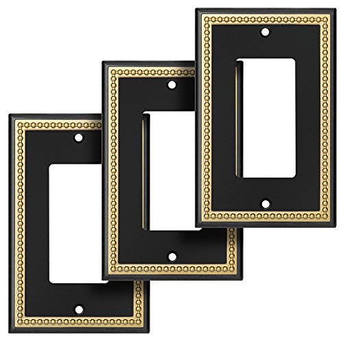 Pearled Frame Decorative Wall Plate Switch Plate Outlet Cover (Single Decorator 3PK, Black & Dark Golden) - style: Single Decorator 3PK
