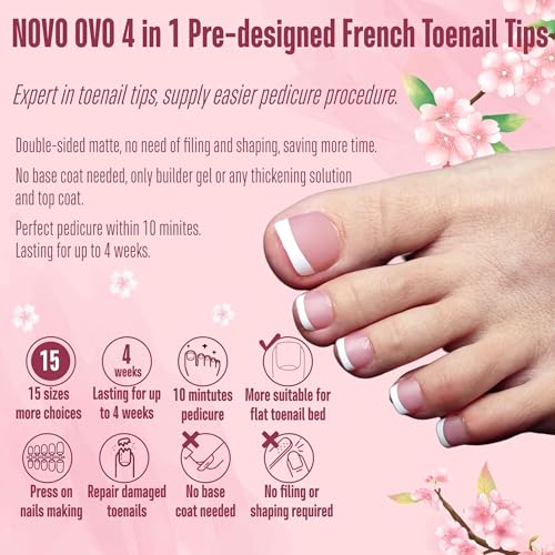NOVO OVO Fake Toe Nail Tips Press on, French Tip Soft Gel Toenail Extension, BERRY PINK Square Round Pre-applied Tip Primer & Base Coat, Full Cover Matte False Nails for DIY x 15 Sizes 360Pcs - color: Square Round French Tip Berry Pink