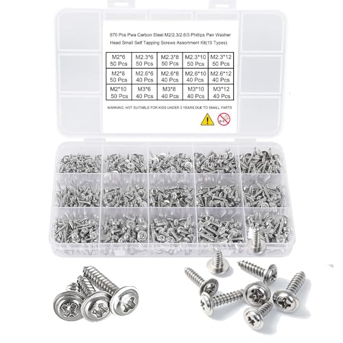 670Pcs Tiny Phillips Pan Head with Washer Self Tapping Screws, Carbon Steel, Small/Mini M2 M2.3 M2.6 M3 Wood Screws, Micro Sheet Screws Assortment Kit for Wood Electronic and Toy Repair