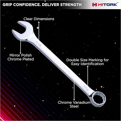 Hitork 6-Piece Large SAE Wrench Set, 12-Point Box End, Drop Forged Chrome-Plated Cr-V Steel, 15° Offset, Polished, Roll Pouch Included – Sizes 15/16” to 1-1/4”