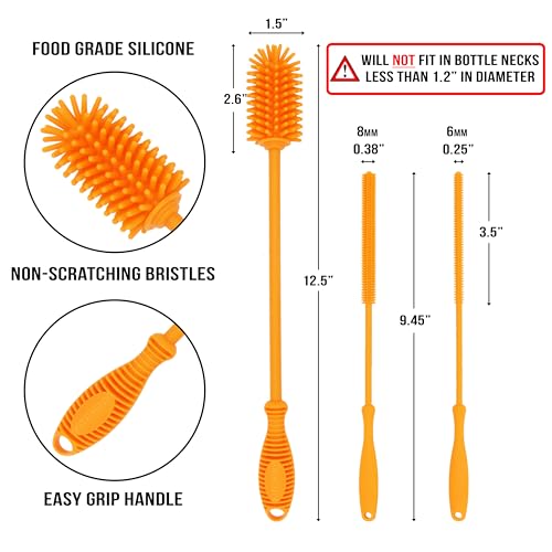 Kitchiny Silicone Bottle Brush 12.5 inch with 2 Straw Cleaners – Orange | Bottle Cleaner Brush for Yeti, Hydro Flask, Owala, Stanley, Baby Bottles, Vases & Narrow Neck Containers - color: Orange