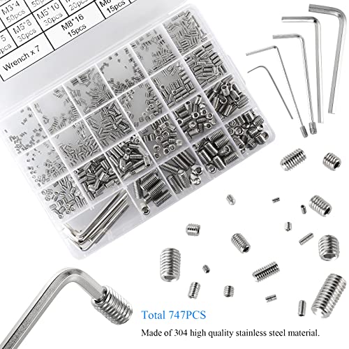 747Pcs M2/M2.5/M3/M4/M5/M6/M8 Metric Hex Socket Head Cup Point Set Screws, Allen Head Grub Screws, Internal Hex Drive Headless Set Screws Assortment Kit with 7Pcs Hex Keys, 304 Stainless Steel - color: Silver:747pcs Metric M2-M8 Cup Point Set Screw