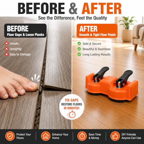 Floor Gap Fixer Tool for Floating Floors, Dual Suction Cup Flooring Repair Kit, 2.87" Vacuum Cups, 80° Floor-Protective Striking Surface, Rubber Mallet & 5 Adhesive Pads