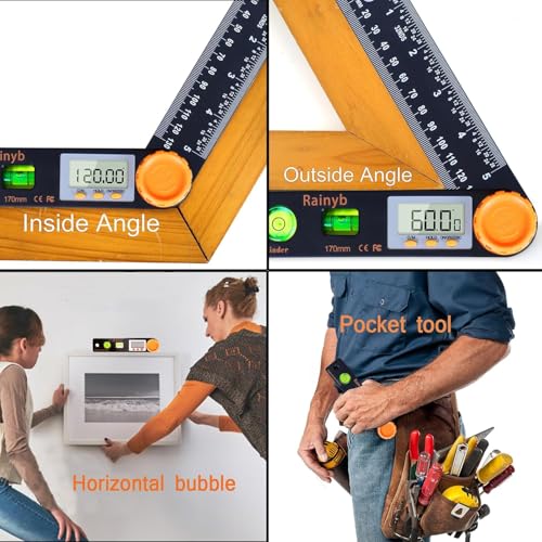 Rainyb Digital Angle Finder Tool, 5 inch Pocket Protractor, 0-360 Degree, LED Display with Horizontal Bubble Levels and Ruler Meter Accurate Tool for Woodworkers, Carpenters, Fabricators