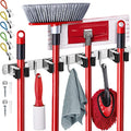 Wall Mount Hanger for Brooms & Mops - Adhesive Stainless Steel Mops & Broom Holder, 4 Clamps, 3 Hooks, & 5 Towel Hanger Clips Including Mounting Hardware for Utility Room Organization - color: 1 Pack - 4 Clamps