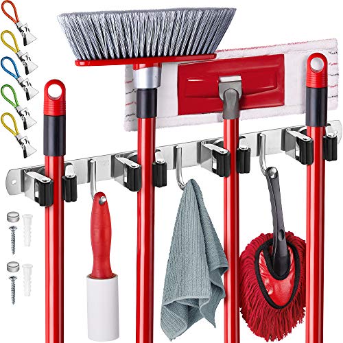 Wall Mount Hanger for Brooms & Mops - Adhesive Stainless Steel Mops & Broom Holder, 4 Clamps, 3 Hooks, & 5 Towel Hanger Clips Including Mounting Hardware for Utility Room Organization - color: 1 Pack - 4 Clamps