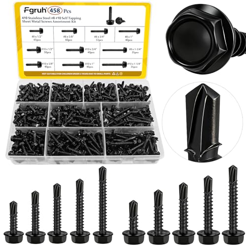 458Pcs #8#10 Black Self Tapping Screws for Metal, Hex Washer Head Self Drilling Screws Assortment Kit, 410 Stainless Steel Sheet Metal Screw, Length 1/2'' 5/8'' 3/4'' 1'' 1-1/4'' - size: 458pcs #8#10 Black