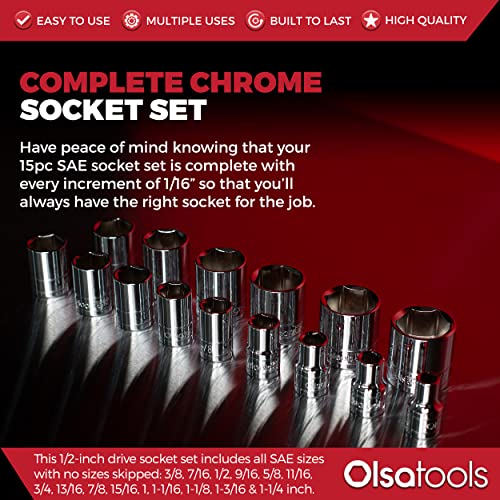 Olsa Tools 1/2-Inch Drive SAE Deep Socket Set - 18pc - color: Sae Shallow, size: 15pc, 1/2-Inch Drive