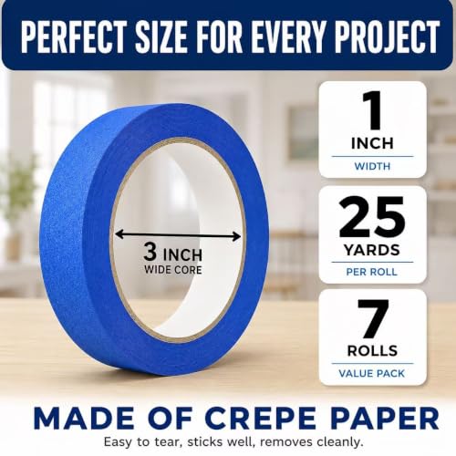 Blue Painters Tape 1 Inch Wide, 7 Rolls Masking Tape 0.98 in x 25 Yds, Clean Removal Blue Masking Tape No Residue, Easy Tear Paint Tape for Wall Painting, Trim, Windows & Home Improvement - size: 7 Rolls Blue Painters Tape 1 Inch x 25 Yds Each
