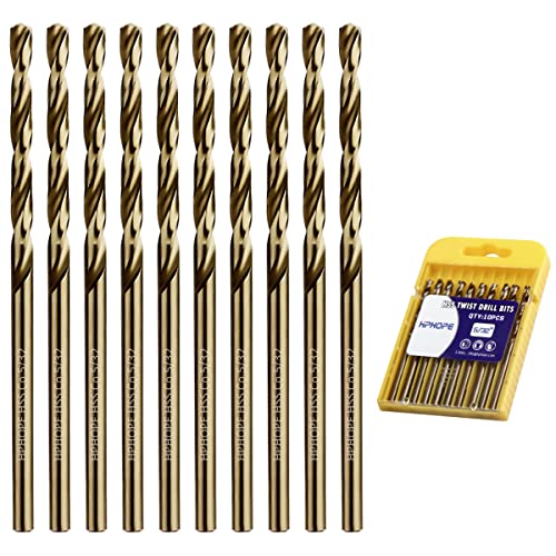 5/32 Inch Cobalt Drill Bits 10Pcs - HPHOPE M35 HSS Metal Twist Drill Bits Set, Jobber Drill Bits Length and Straight Shank, Suitable for Drilling in Hard Metal, Stainless Steel, Cast Iron - size: 5/32-inch, 10Pcs