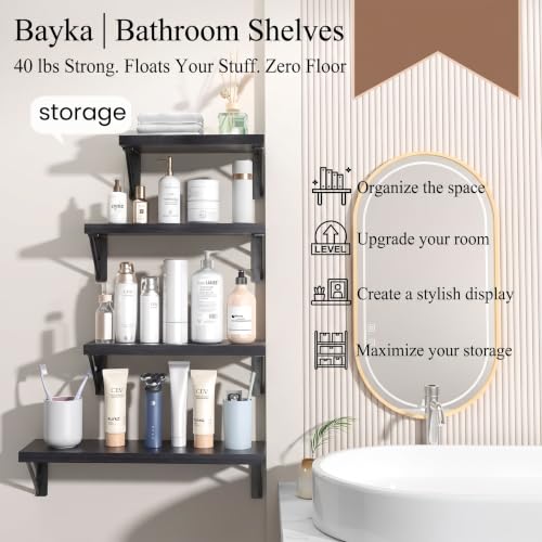 BAYKA Wall Mounted Floating Bathroom Shelves, Wood(Black, Set of 4, 16in) - color: A. Black Board & Black Brackets, size: 16-inch Mixed
