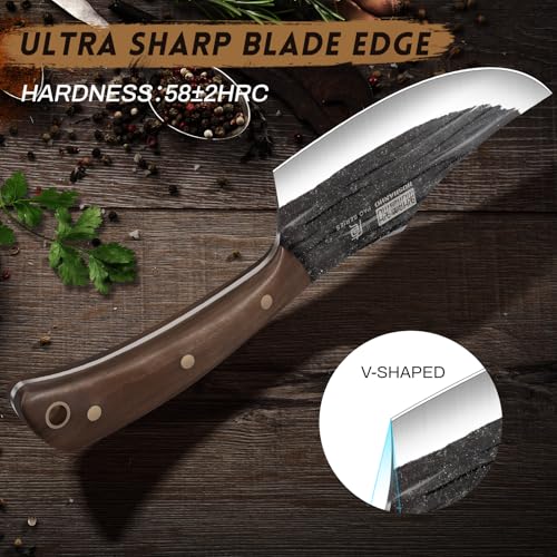 HOSHANHO Butcher Knife Set, Sharp Kitchen Knife Set & Roll Bag Gift for Men | Hand Forged 8PCS Butcher Chef Knife Set with Meat Cleaver Knife & Bone Chopper Knives & Fillet Knives for Home, Camping, BBQ - size: 6.5"