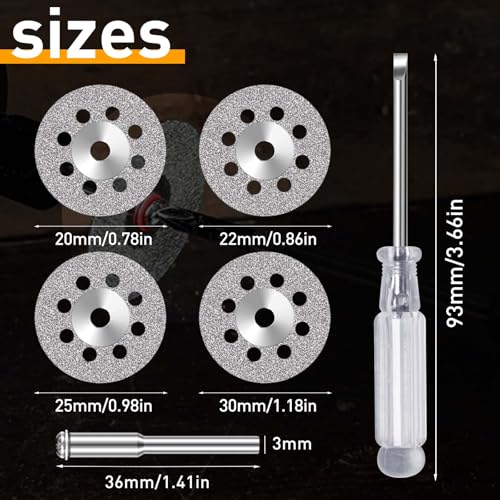 FOTYBEI 40pcs 545 Diamond Coated Cutting Wheel (20/22/25/30mm) for Dremel Rotary Tool with 402 Mandrel (3mm) 8pcs and Screwdriver for Rotary Tool Accessories Stone Glass Cutting (40pcs-20/22/25/30mm) - style: 40pcs-20/22/25/30mm