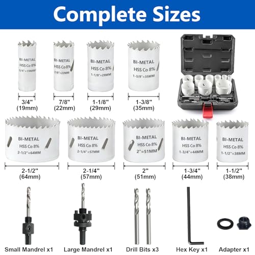 Greywolf 15 pcs Bi-Metal Hole Saw Set, M42 8% Cobalt HSS Hole Saw Kit with 3/4"-2-1/2" (19-64mm) 9-Piece Hole Saw Blades, Box with Arbor, Drill Bit, Hex Key, for Metal, Wood, Plastic - color: White