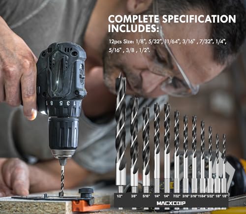 12Pcs (1/8" - 1/2") Hex Shank Brad Point Wood Drill Bit Set - size: Hex Shank (1/8"-1/2") - 12pcs