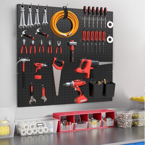 FZK Peg Board Wall Organizer Kit. Heavy Duty, 82PCS Metal Pegboard, Black, 36 * 24 - color: 82PCS-Black Pegboard Kit