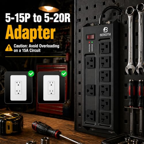 Heavy Duty Metal Power Strip, 20 AMP Surge Protector with 9 Outlets, 12 Gauge Industrial Strength for Shop & Garage Use, 6 FT Extension Cord Included, Durable T-Slot Design (6FT)