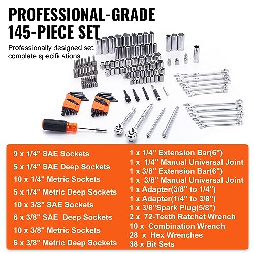 VEVOR Mechanics Tool Set and Socket Set, 1/4" and 3/8" Drive Deep and Standard Sockets, 145 Pcs SAE and Metric Mechanic Tool Kit with Bits, Combination Wrench, Hex Wrenches, Accessories, Storage Case - size: 145-PCS