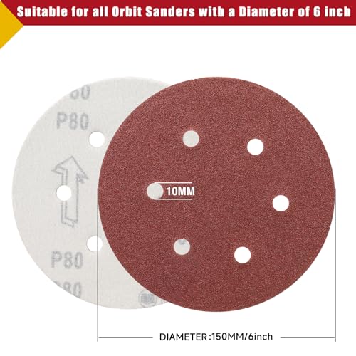 100 PCS 6 Inch Sanding Discs Random Orbital Sander Sandpaper - style: 6 Hole-Red