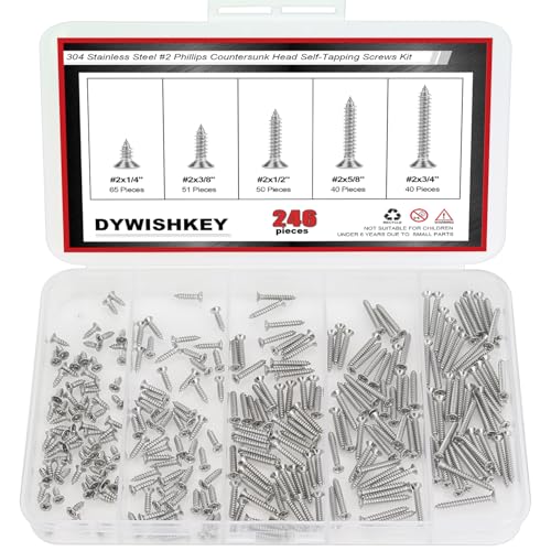 DYWISHKEY 246 Pieces Wood Screws Set - #2 x 1/4" 3/8" 1/2" 5/8" 3/4" Assorted Sizes - Screw Assortment Kit - size: #2