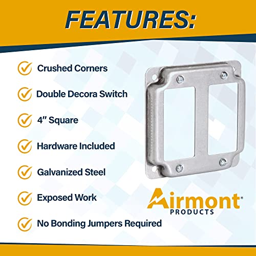 Pack of Box and Cover 4'' Square Electrical Box, 2-Gang Rocker Switch, Exposed Work Cover, Crushed Corners, Welded Construction, Ten 1/2'' and Six TKO Knockouts, Raised Ground, 2-1/8'' - size: 2-Gang Rocker