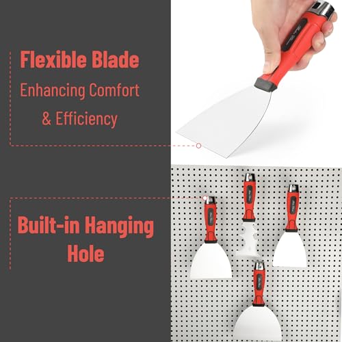 Bates- Putty Knife Set, 4 Pack, Stainless Steel, 4" 5" 6" & 10 in 1 Multi Purpose Painters Tool, Soft Grip Handle, Hammer End, Spackle Knife, Metal Paint Scraper Tool, Wall Scraper