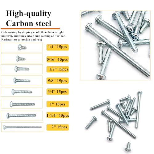 120 Pcs 8 Sizes #6-32 Machine Screws Knob Screw Cabinet Screws Electricians Screw, Carbon Steel Zinc-Plated Phillips Pan Head Machine Screws Assortment Kit - size: #6-32-8Size-120P