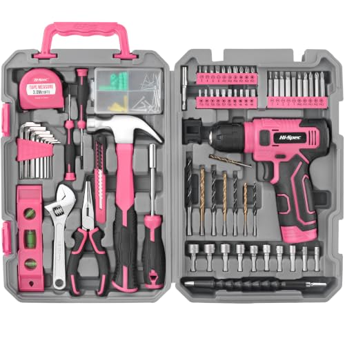 Hi-Spec Tool Set with 8V Drill Set Home DIY Repair & Maintenance, Pink - color: Pink, size: 70-Piece