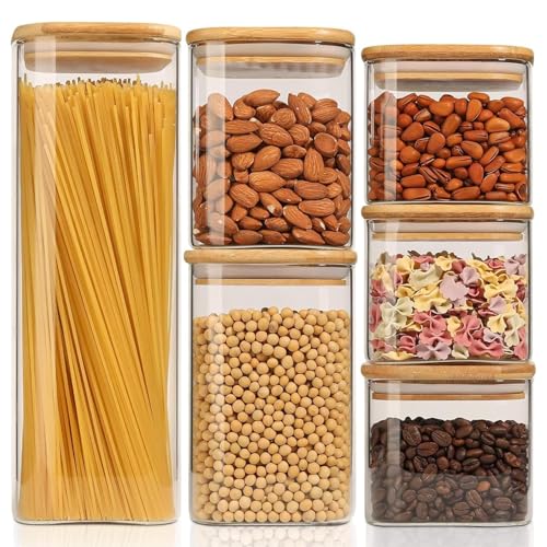 ComSaf Glass Storage Containers Set of 6 (2.2Qt/1.2Qt/0.8Qt/0.6Qt*3) | Pantry Storage Containers, Kitchen Jar, Glass Canisters, Bamboo Lid with Silicone Seal, Flour, Cereal, Spice Jar, BPA Free - size: 0.6Qt*3/0.8Qt*1/1.2Qt*1/2.2Qt*1