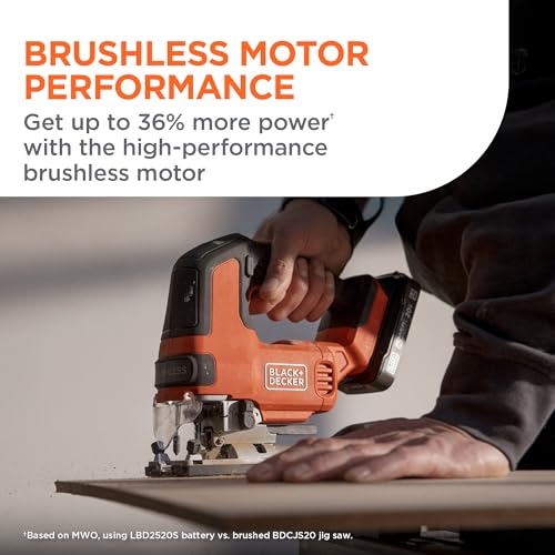 BLACK+DECKER 20V MAX Brushless Cordless JigSaw Kit with 2.5Ah Battery and Charger, 24T Steel Blade, 6T Wood Blade, Up to 82 Ft per Charge, 1 In. Stroke, Variable Speed, LED, PowerConnect (BLJS78E1) - style: Tool + Battery Kit