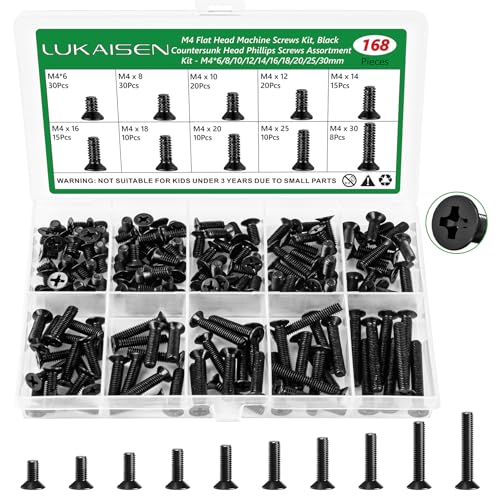 168 Pcs Black M4 Flat Head Machine Screws Kit for Switch Boxes | 10 Metric Sizes (M4 x 6mm to 30mm), Carbon Steel Black Screws for Wall Socket Outlets & Faceplates, Clear Label Storage Box - size: 168Pcs M4*6/8/10/12/14/16/18/20/25/30mm-Flat
