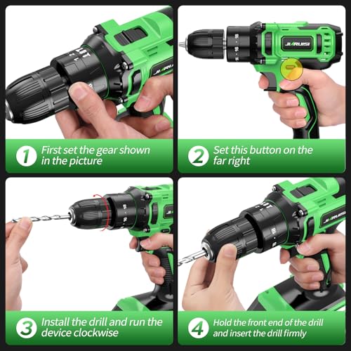 20V Cordless Drill, Electric Power Drill Set with Battery Charger and Carrying Case, 3/8” Keyless Chuck, 2 Variable Speed, 18+3 Torque, 72pcs Driver Bits and Belt Hook, Green