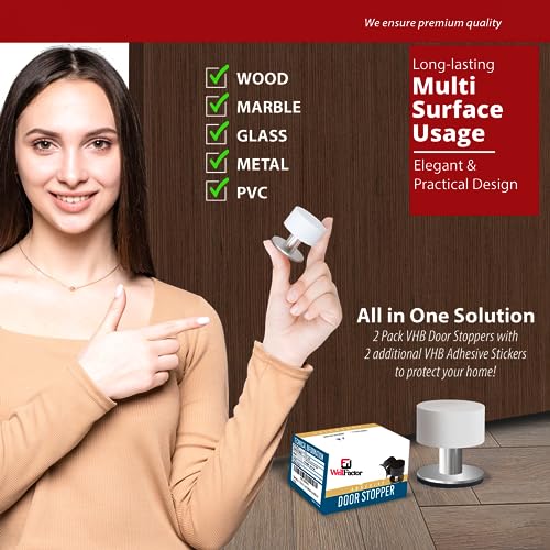 2 Pack Door Stoppers Stop with Extra Stickers, Self-Adhesive Door Stops with Black Rubber Bumper & Stainless Steel Body - Heavy Duty Door Knob Wall Protector Sound Dampening for Home & Office Use - style: 2 Pack White